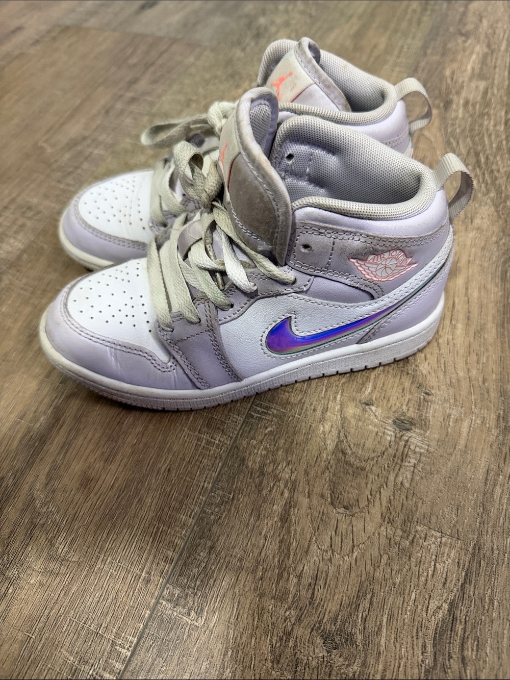 Jordan Kids White & Lavender High-Top Sneakers with Iridescent Swoosh